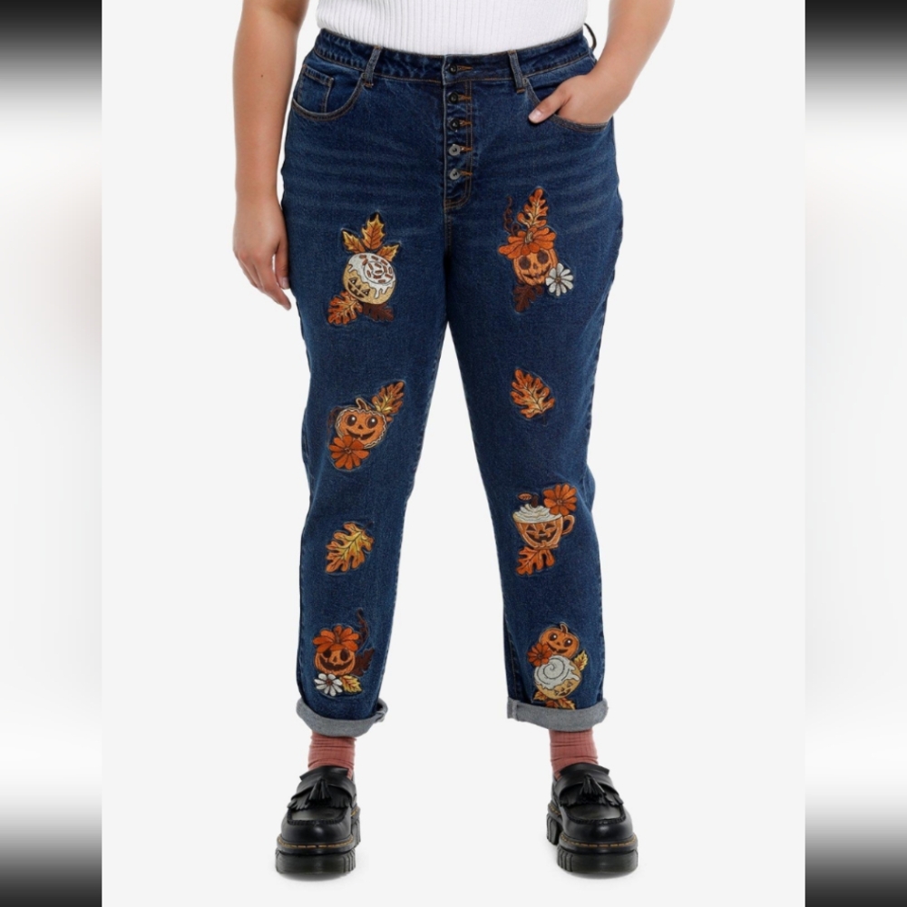 Dark Indigo Jack-o'-lantern Treats Embroidered Mom Jeans Plus Size